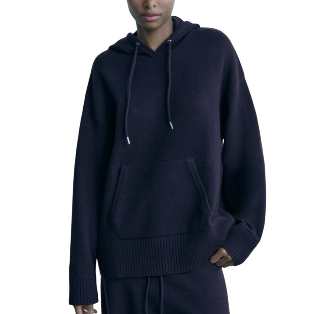 Zara S Oversized Knitted Hoodie Sweatshirt Navy Front Patch Pocket Ribbed Trim